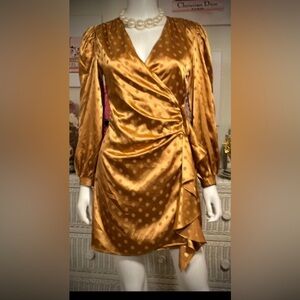 Moodie Wrap Dress Textured with Long Sleeves & Polka Dots in Gold color Size S